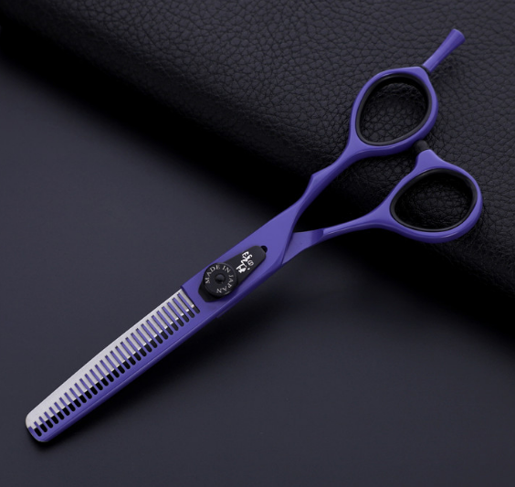 Purple thinning shear displaying fine texturizing teeth