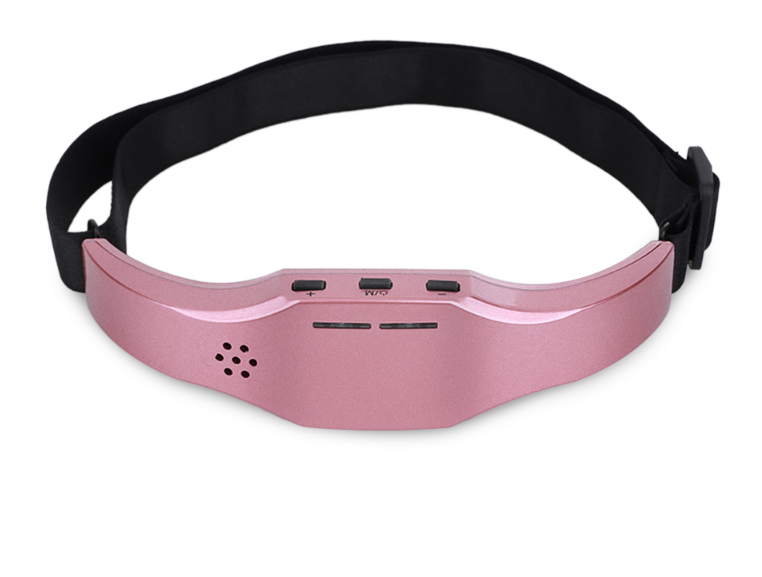 Close-up detail of rechargeable battery indicator and touch controls on the head massager.