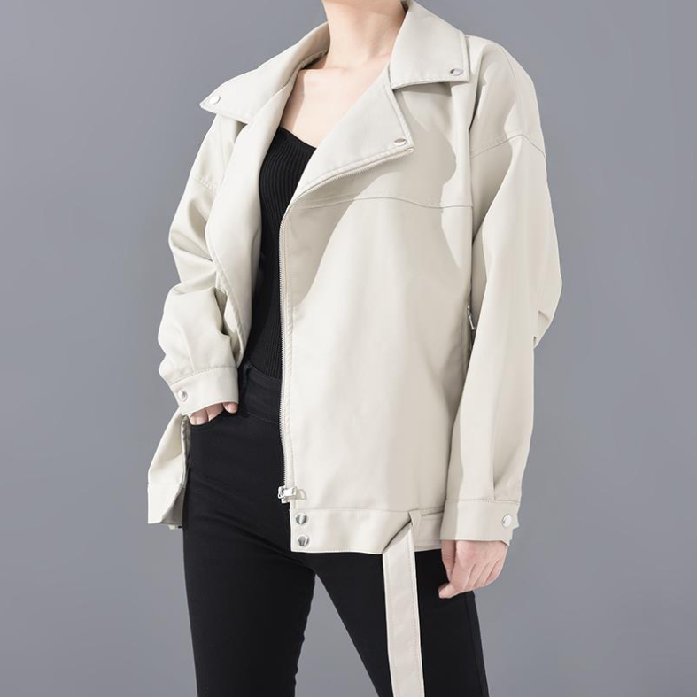 High Quality 2021 Spring Black PU Leather Loose Turn-down Collar Zipper Fashion New Women's Wild Jacket