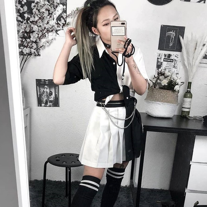 Clothing - Black & White Patchwork Casual Short Sleeves Women Outfits