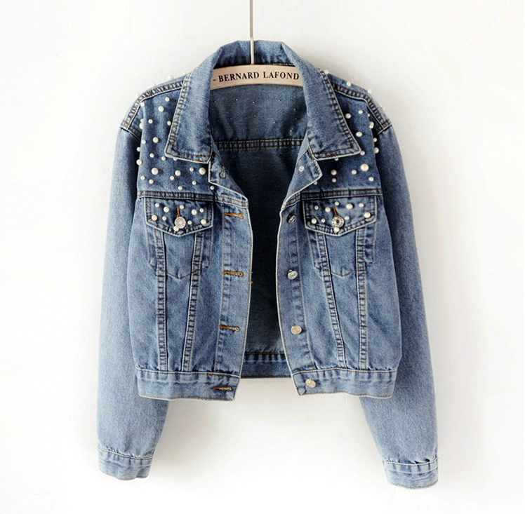 2021 Fast Delivery New Summer Fashion Women’s Denim Jacket Full Sleeve Loose Button Pearls Short Lapel Wild Leisure