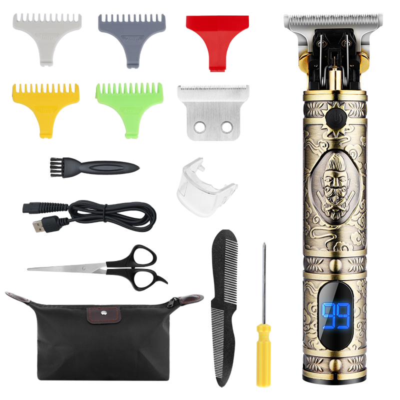 Colored guide combs arranged beside gold T9 clipper