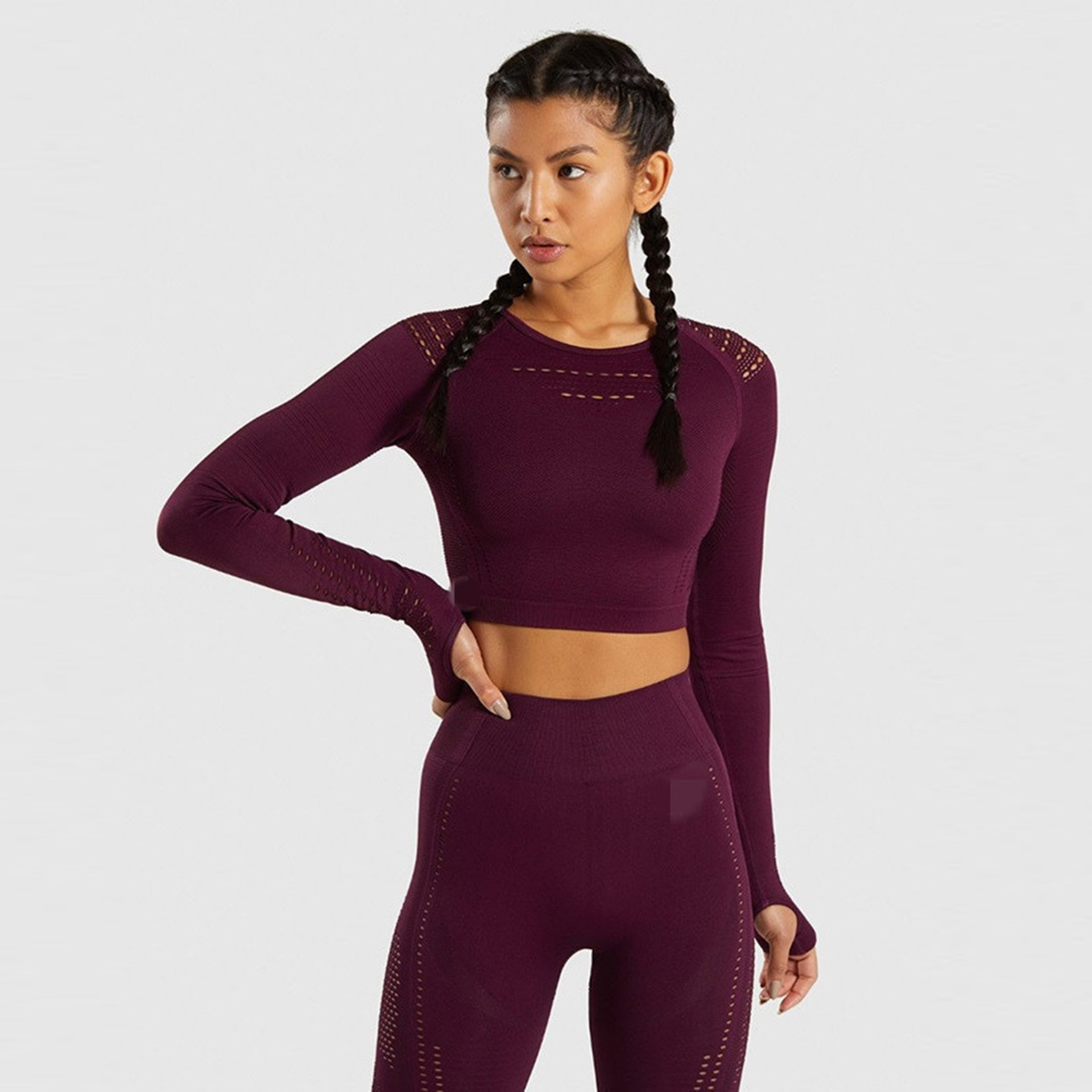 Pure Color Yoga Clothes Suit Women's Sports Running Fitness Clothes Sweat Absorbent Breathable Yoga Clothes Long Sleeve Quick Drying Clothes 3