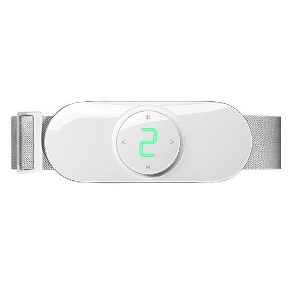White waist massager belt with neon green digital display showing intensity level 2, adjustable mesh fabric straps on sides