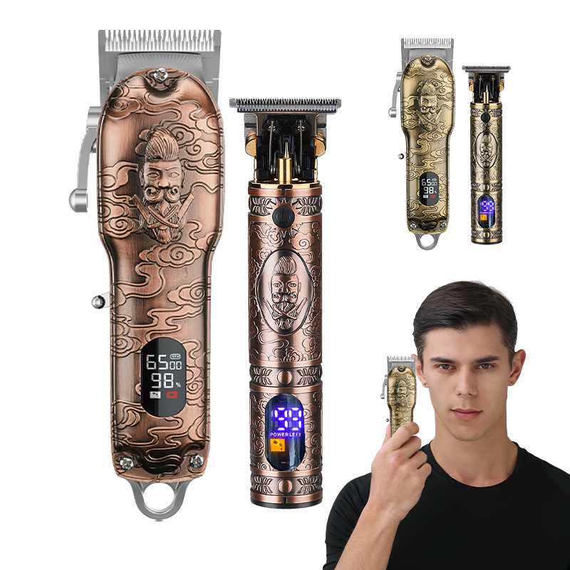 Compact detail trimmer held near face for precise grooming