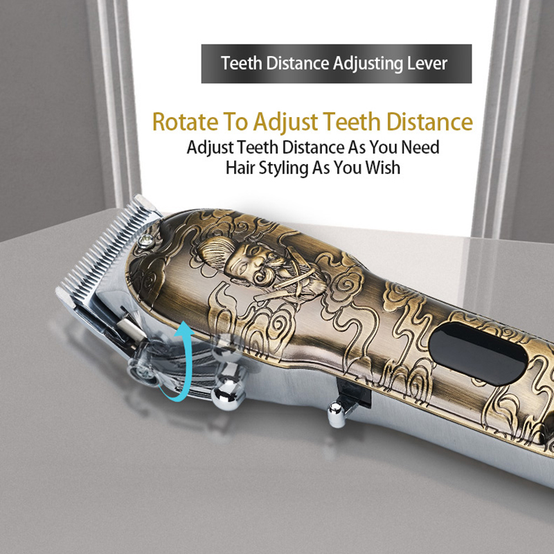 Adjustable teeth lever on ornate gold metal hair clipper