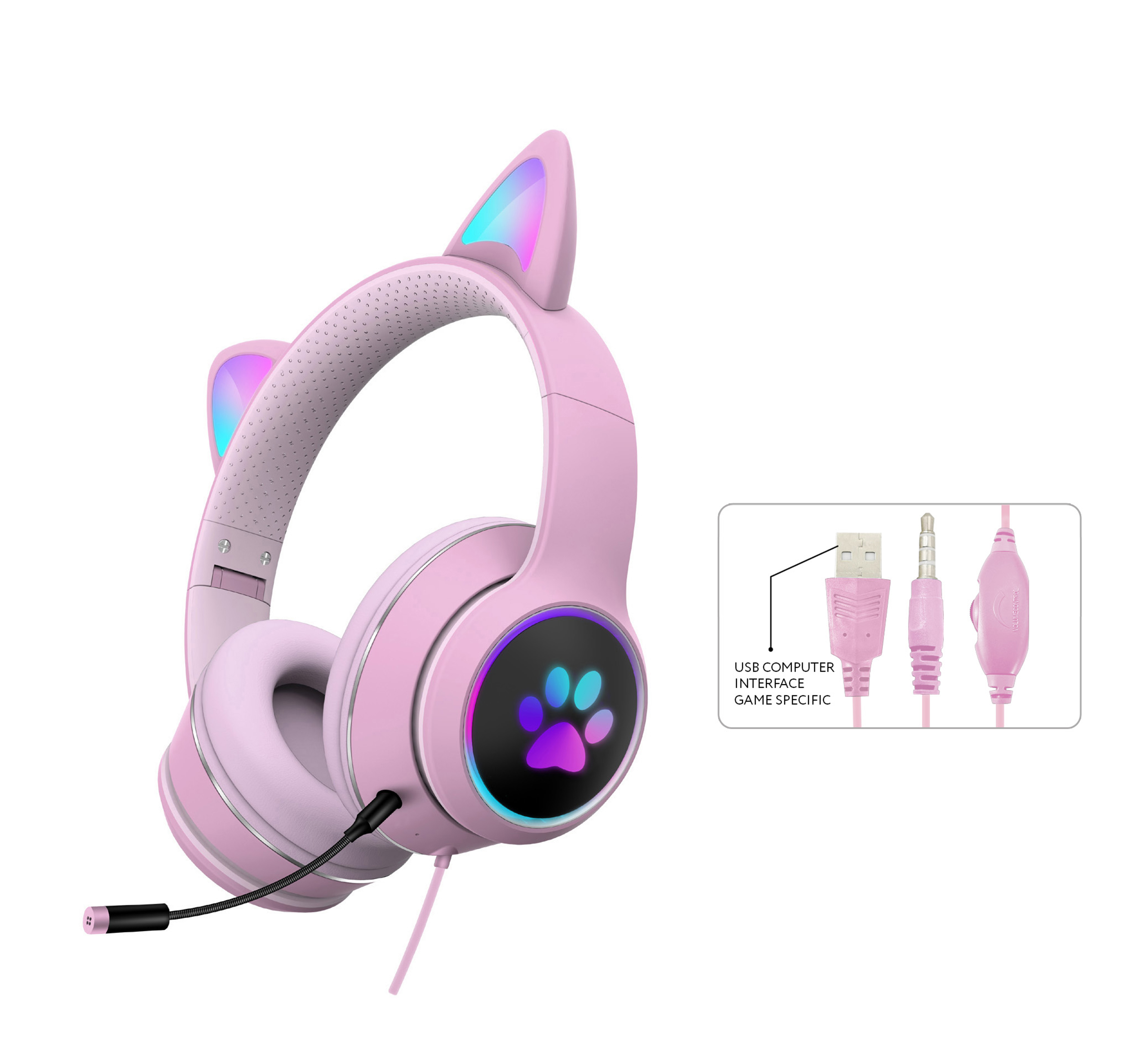 AKZ-022 RGB Cat Ear Gaming Headset kabelgebunden 7.1 Stereo LED Mikrofon 3,5 mm & USB - Bild 10 von 14