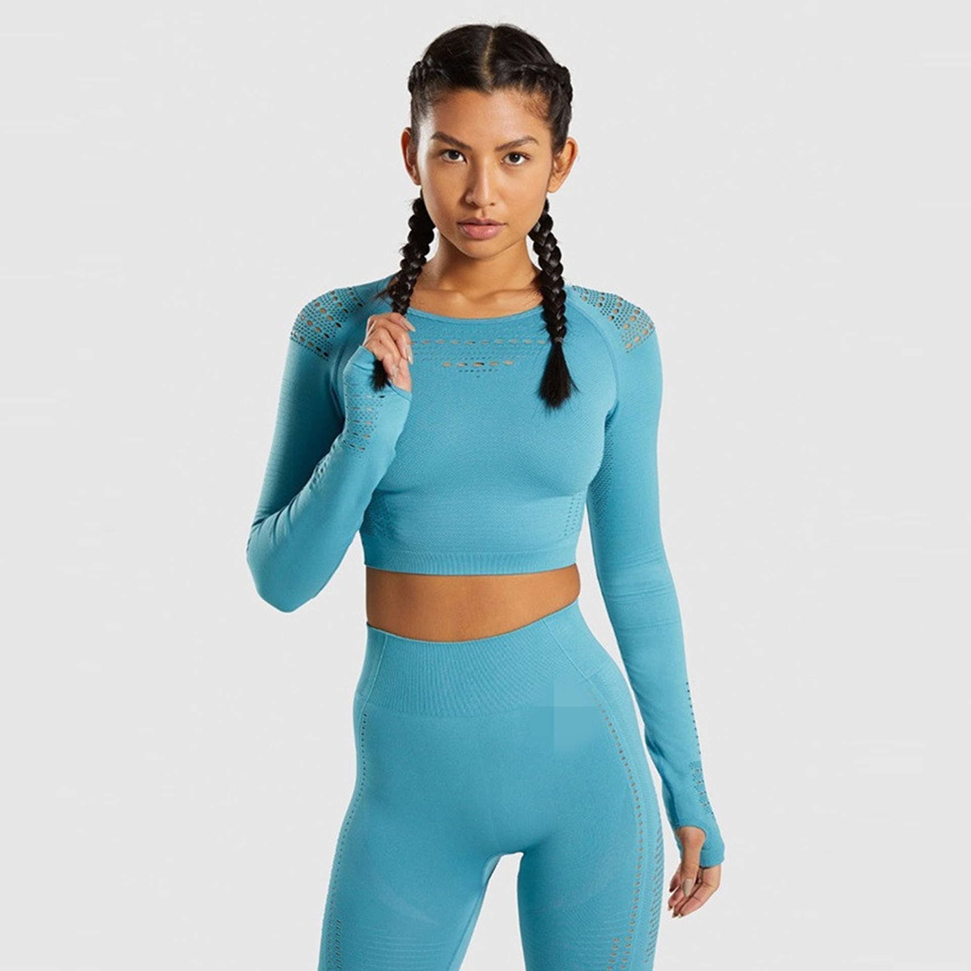 Pure Color Yoga Clothes Suit Women's Sports Running Fitness Clothes Sweat Absorbent Breathable Yoga Clothes Long Sleeve Quick Drying Clothes 4