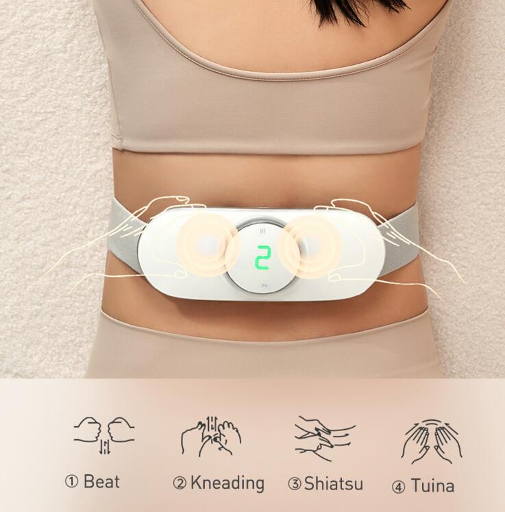 Woman demonstrating proper waist massager placement, four massage mode icons below: Beat, Kneading, Shiatsu, Tuina