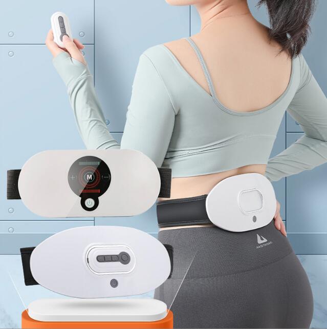 Woman using EMS waist massager with remote control, demonstrating wireless relief