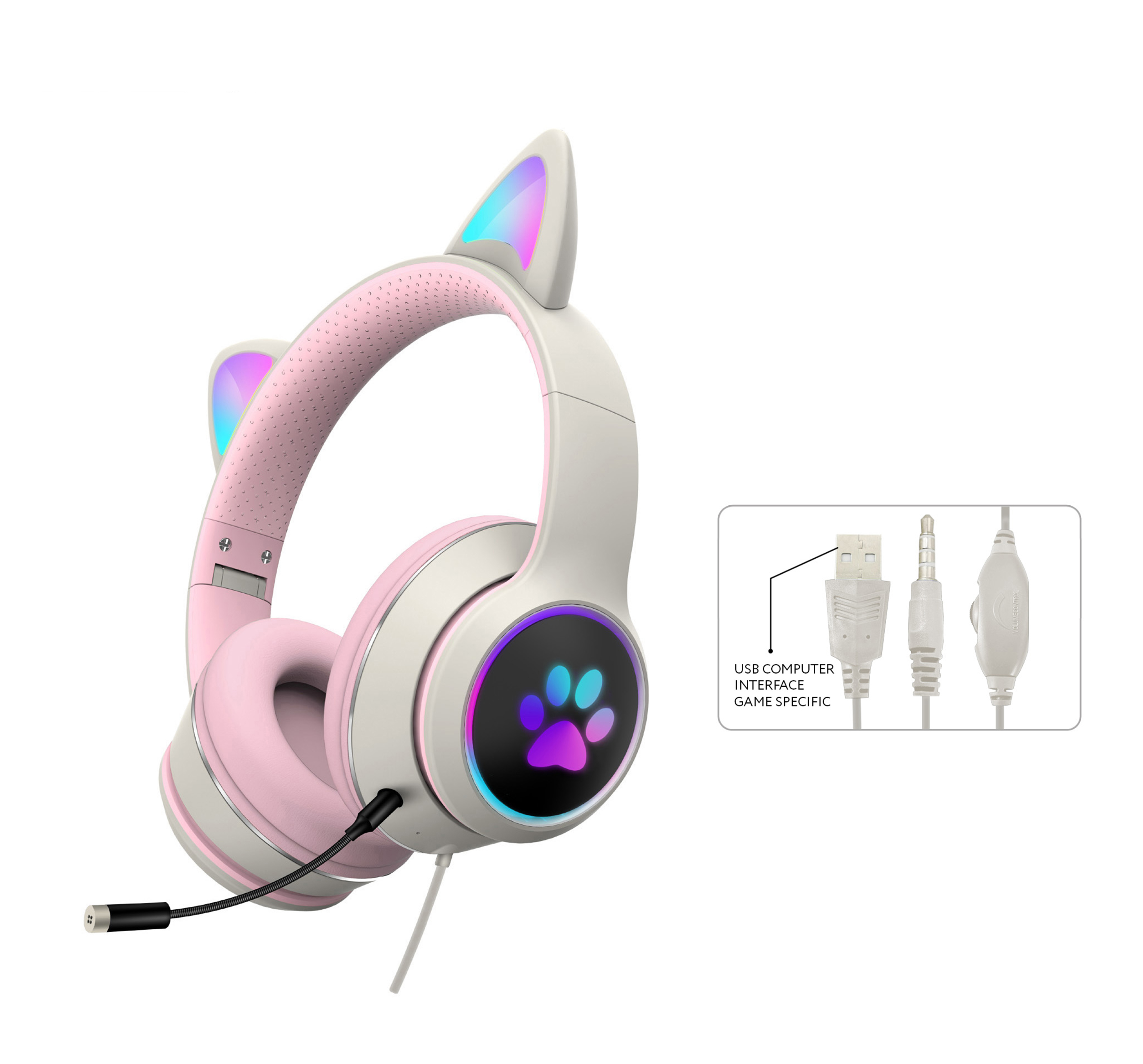 AKZ-022 RGB Cat Ear Gaming Headset kabelgebunden 7.1 Stereo LED Mikrofon 3,5 mm & USB - Bild 12 von 14