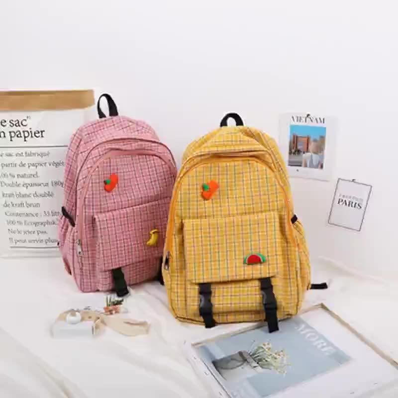 Girls cotton square plaid Japanese style backpack large capacity junior high school high school