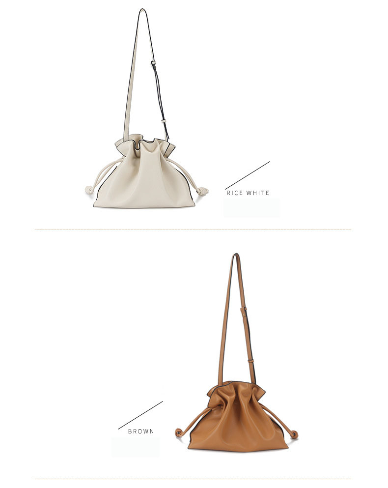 Leather Drawstring Pouch Handbag white and brown