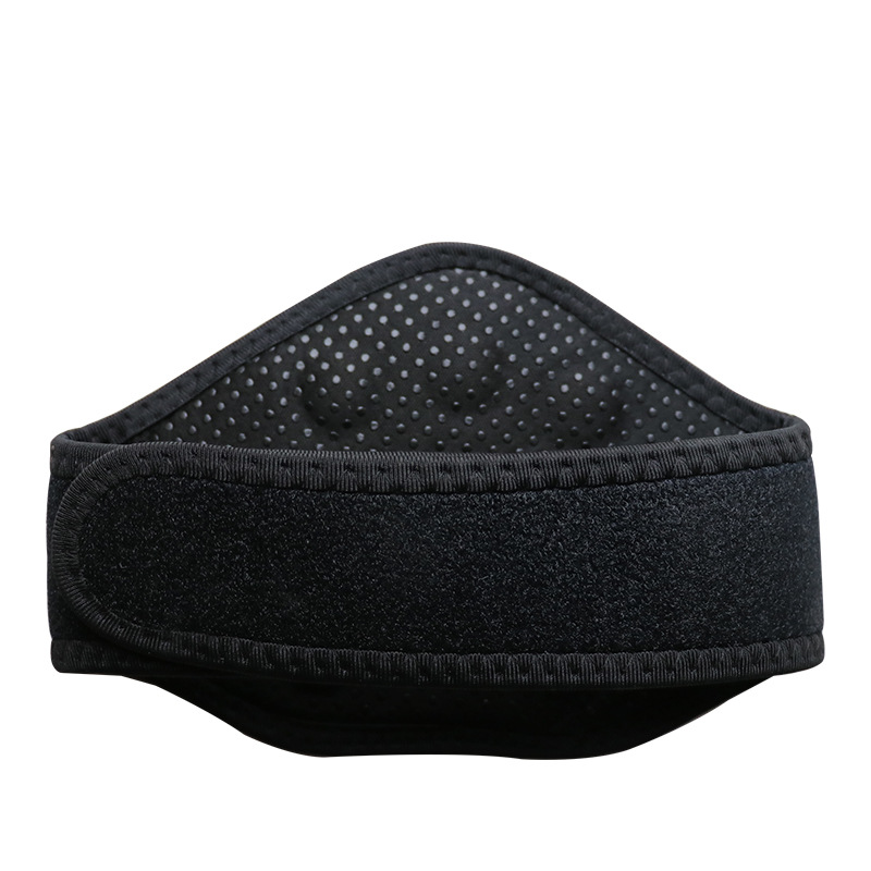 Black neoprene neck protector displayed at 3/4 angle showing contoured shape and perforated breathable interior