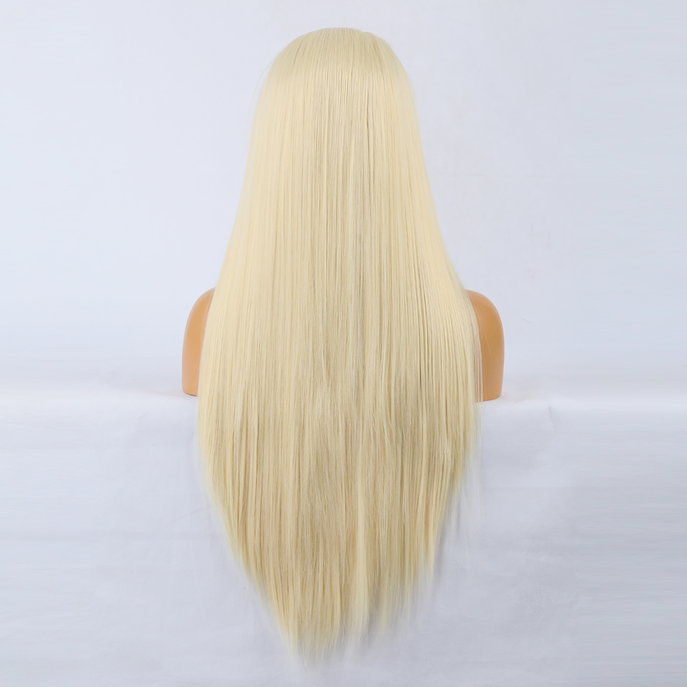 Back view showing full-length straight blonde wig coverage