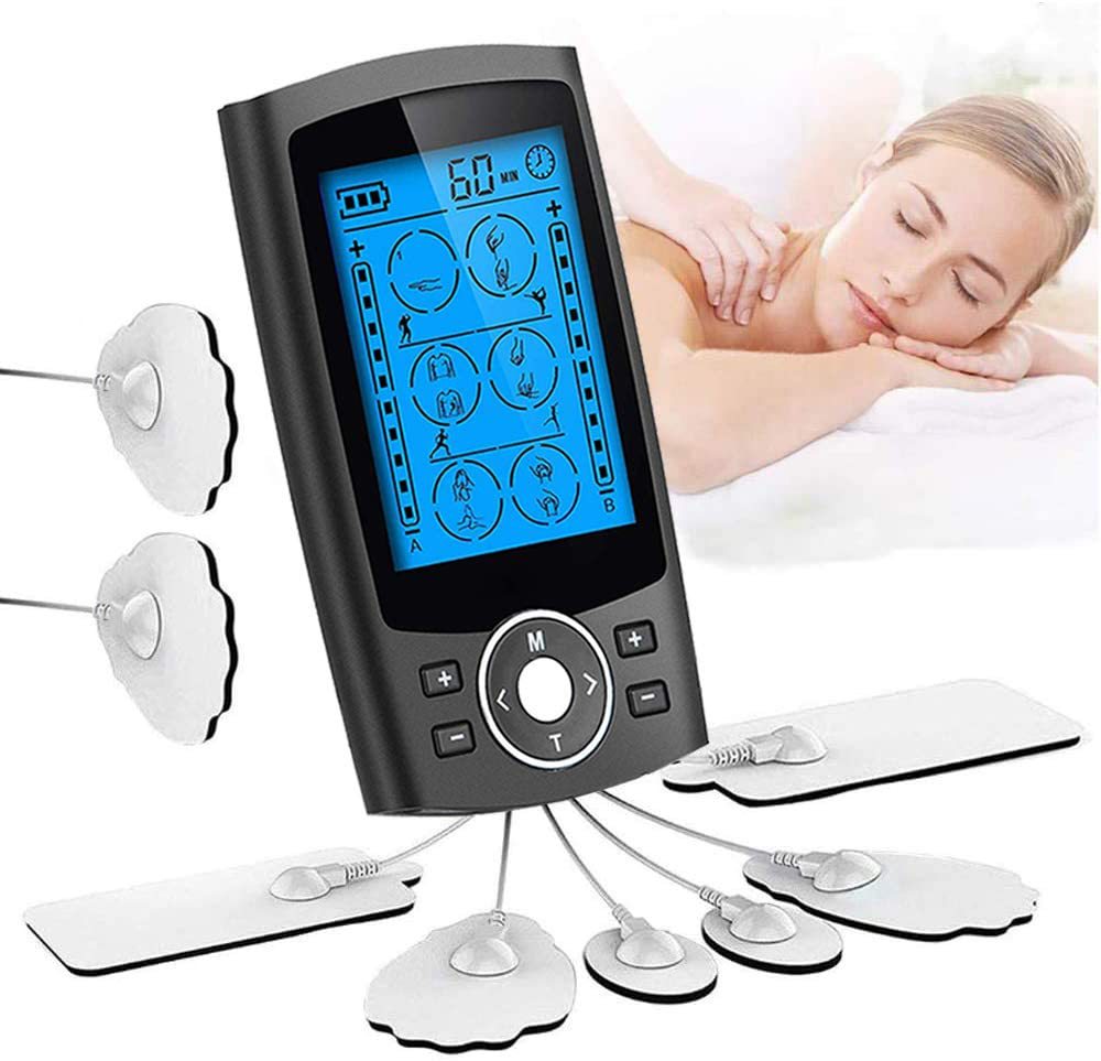 Complete TENS device with black control unit, connected electrode pads, and lifestyle image of relaxed woman receiving therapy
