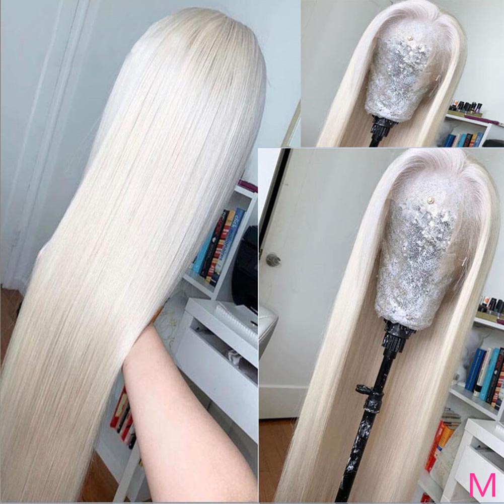 Platinum blonde wig showing bright consistent color