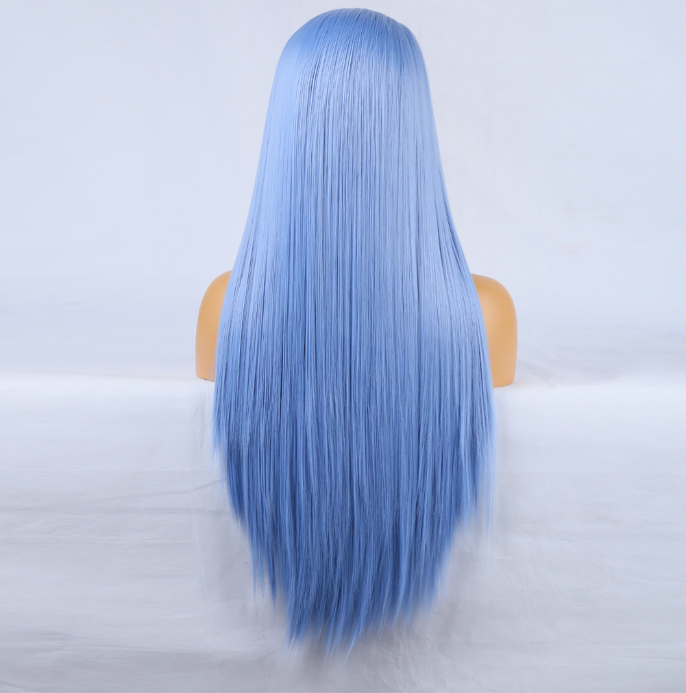 Pastel-blue wig arranged for a bold fashion transformation