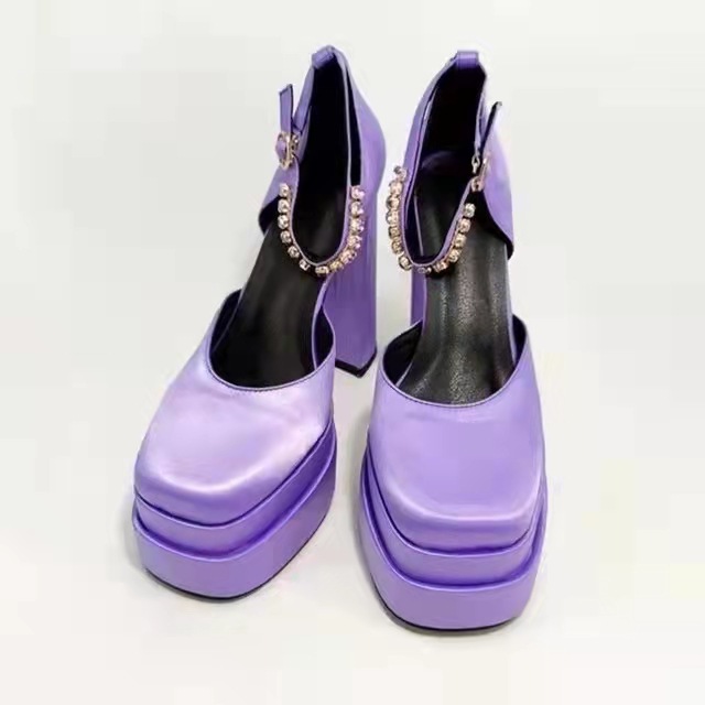 Super High Heel Platform Thick Heel Hollow Square Toe Satin Hate Sky High Baotou Catwalk Sandals High Heels