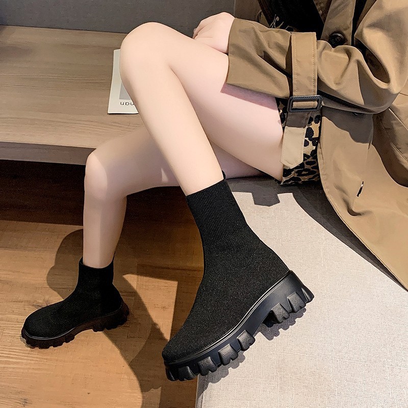 Thick Heel Black Martin Boots Women's Spring Flying Woven Outer Wear Casual Mid-Tube Black Boots image 5