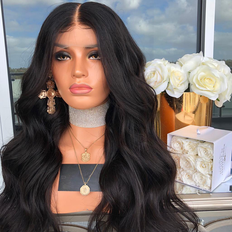 Occasion-ready black wig styled with elegant statement jewelry