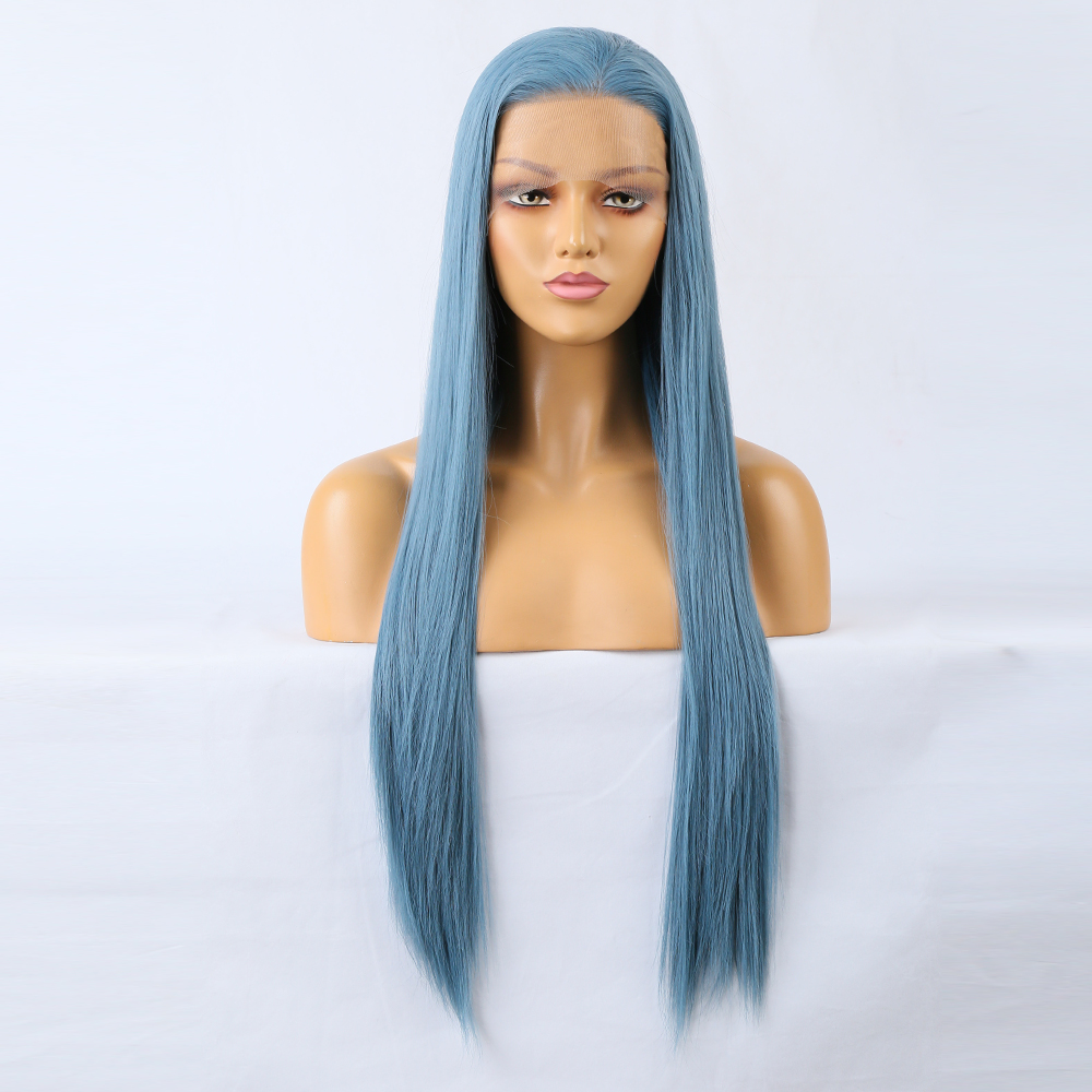 Front view of blue wig with face-framing sections