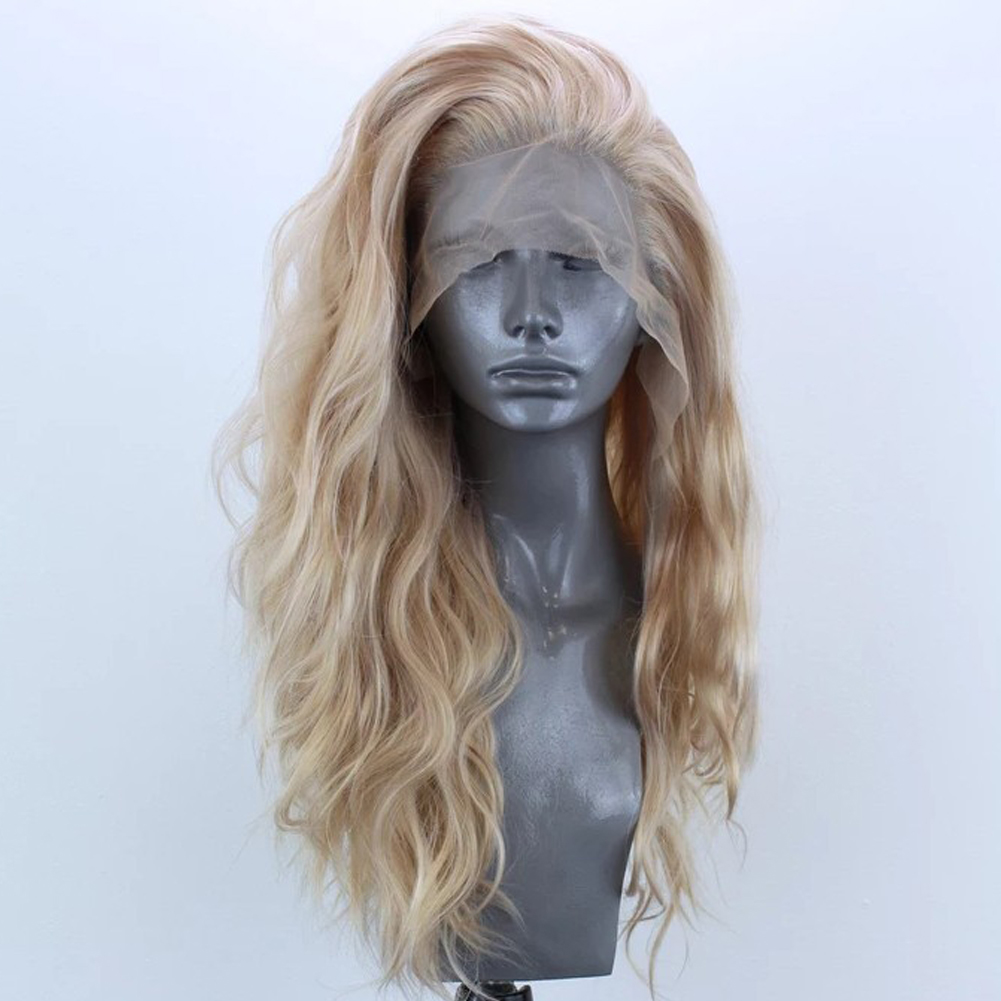 Lace-front panel with swept part and blonde waves