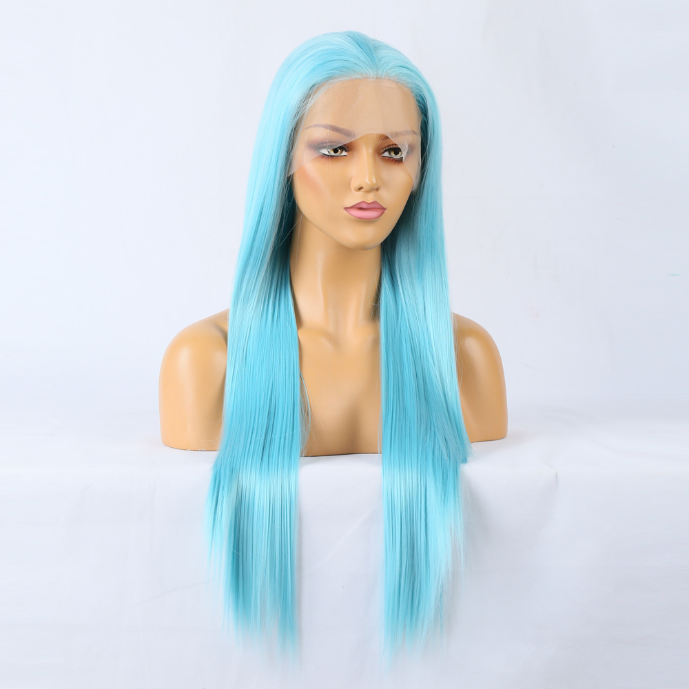 Aqua wig framing face with lace front appearance