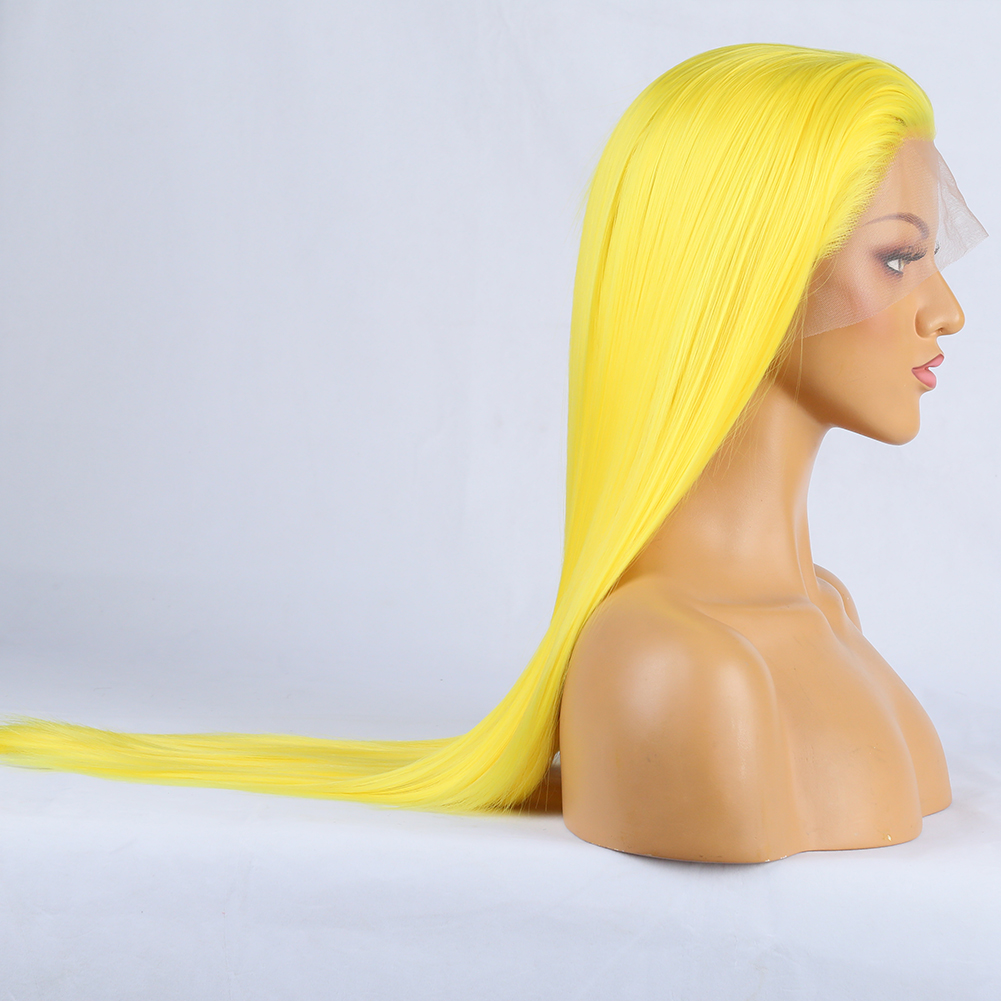 Full-size yellow wig presentation on mannequin