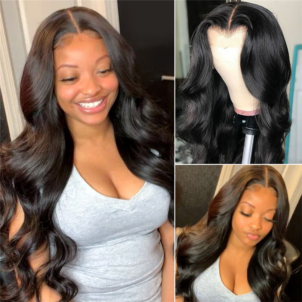 Woman wearing long brown-black deep waves with full volume