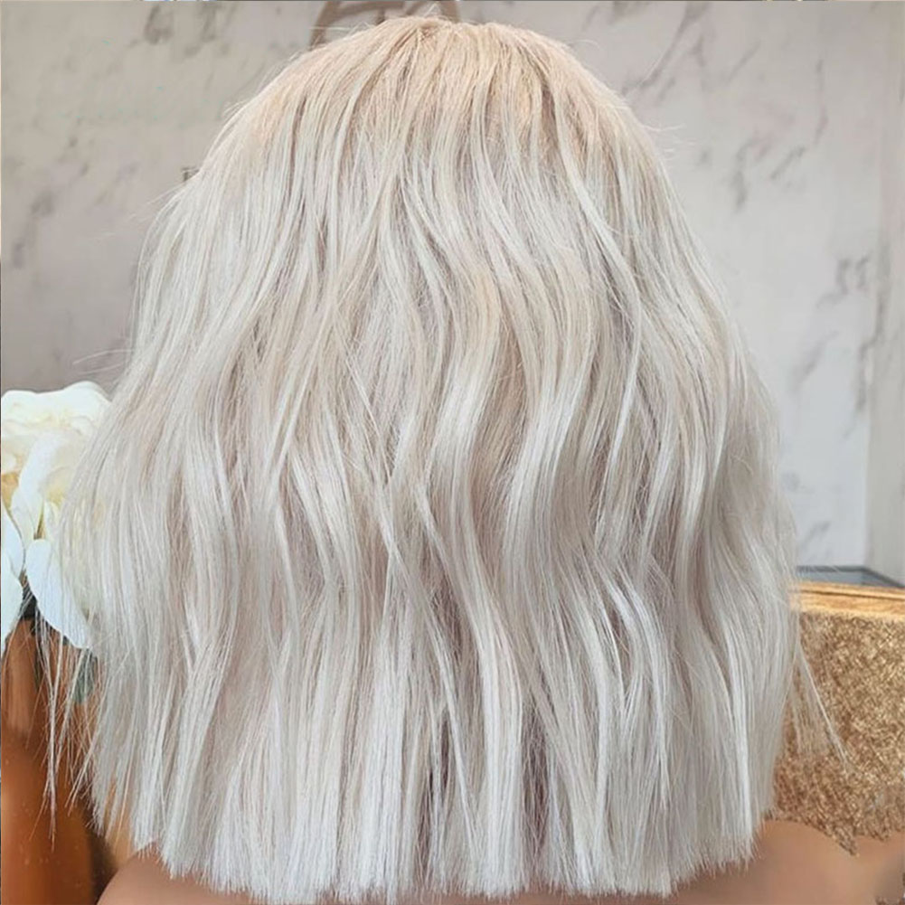 Rear view showing full wavy bob wig coverage