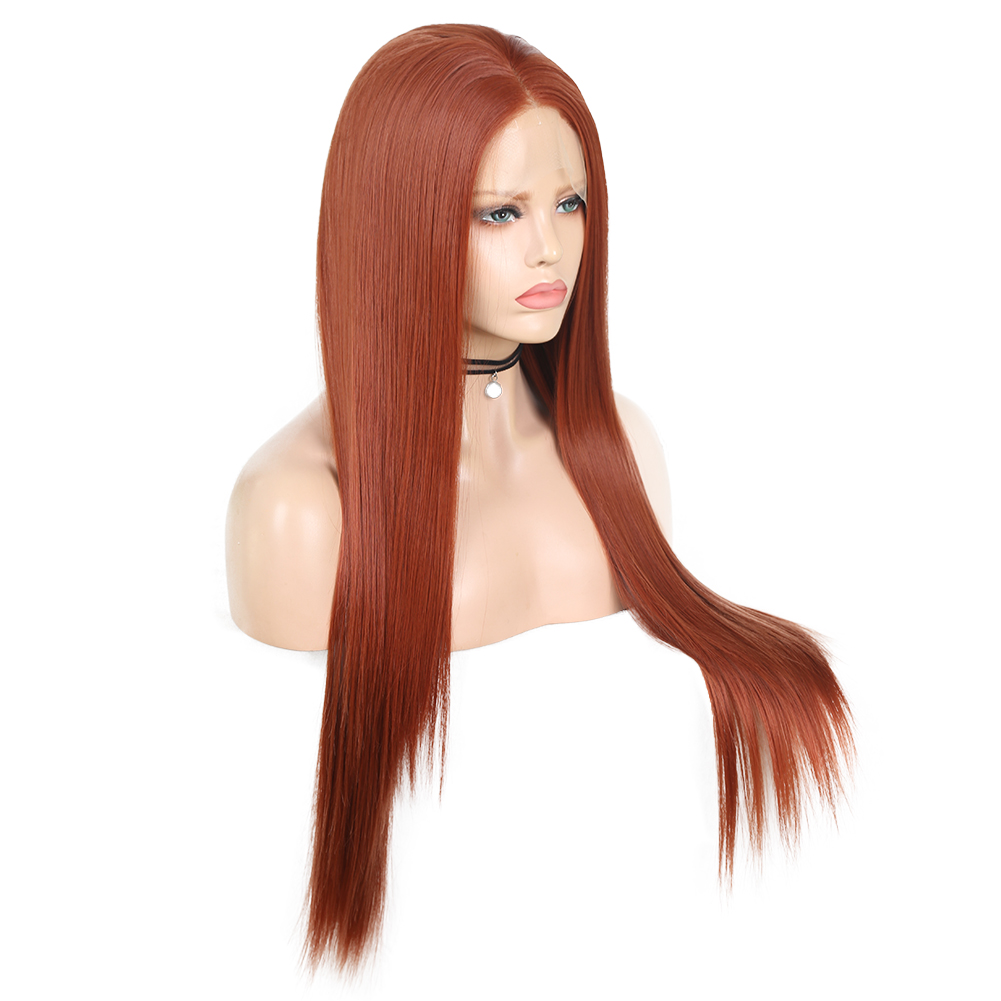 Full-length auburn wig with layered face framing