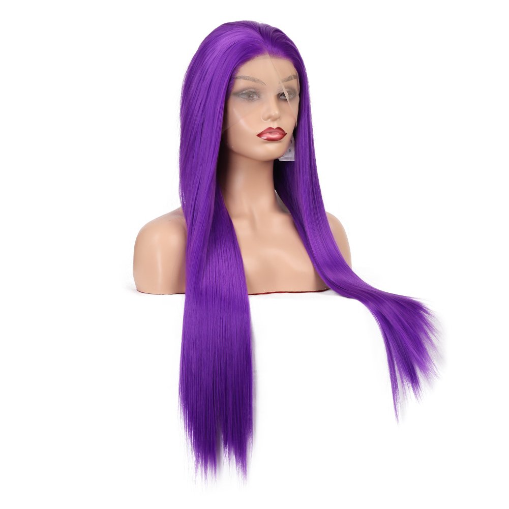Purple wig showing lace-front transition and face-framing strands