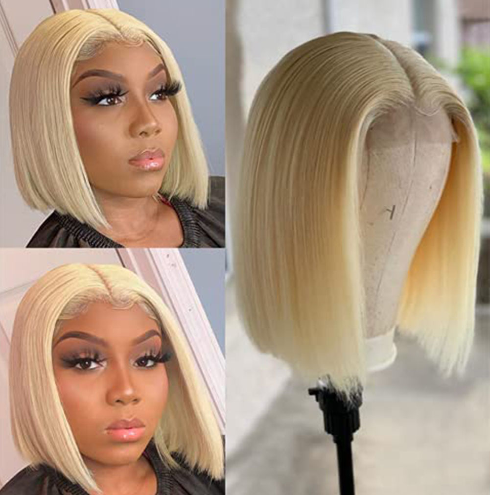 Model wearing bright 613 blonde chin-length bob