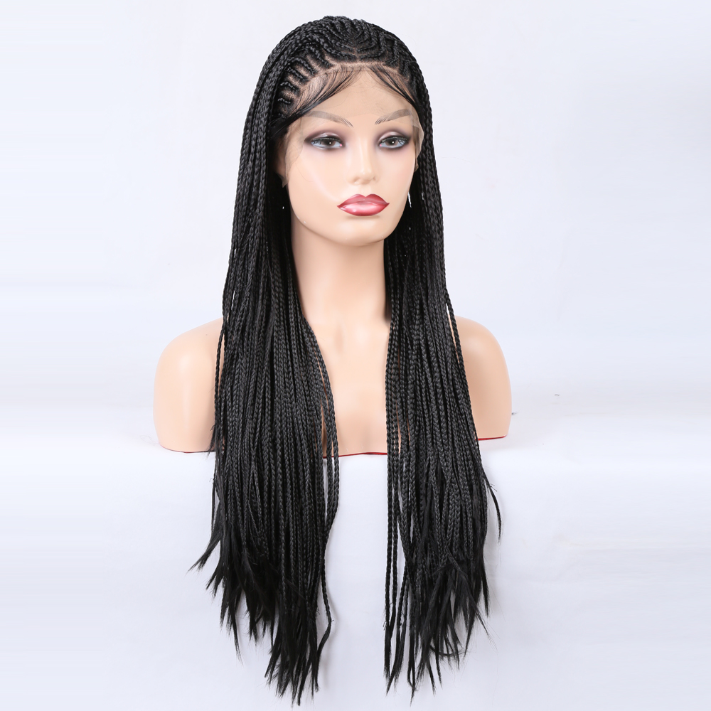 Long black micro-braids flowing over shoulders