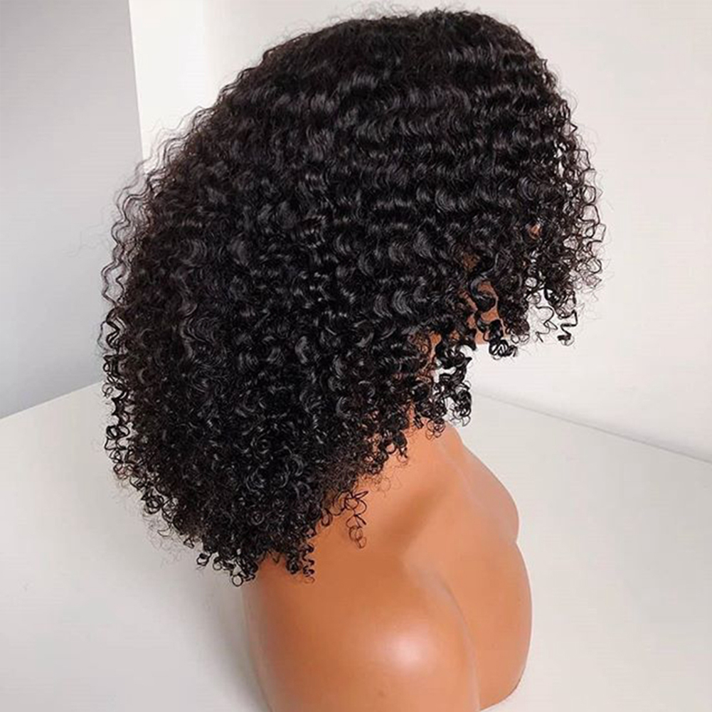 Dense tightly formed curls across black bob wig