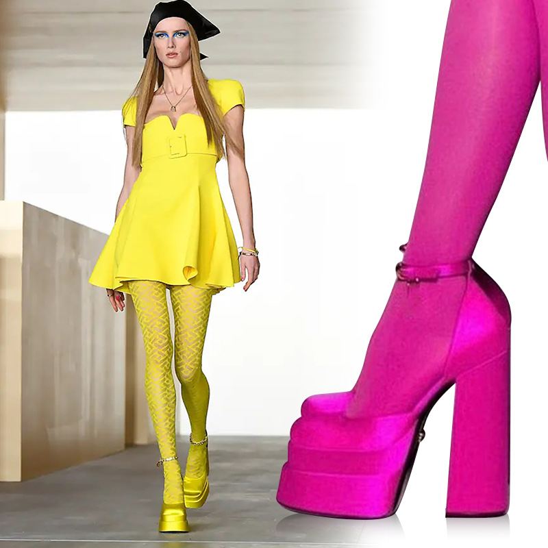 Super High Heel Platform Thick Heel Hollow Square Toe Satin Hate Sky High Baotou Catwalk Sandals High Heels image 10