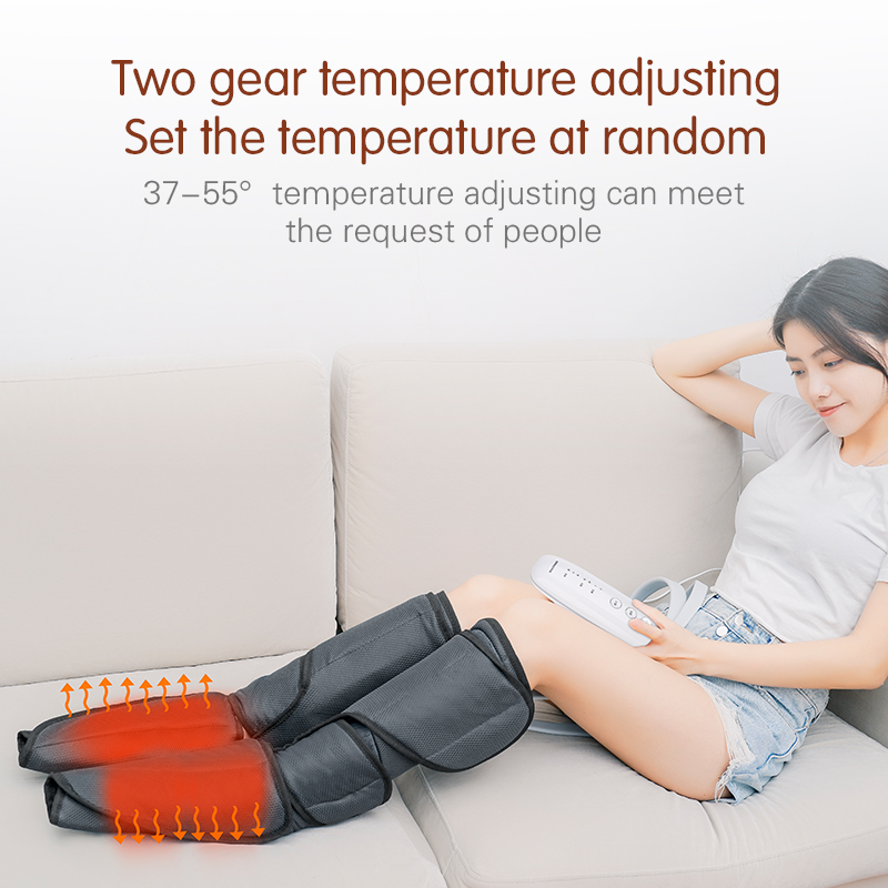 Woman relaxed on sofa wearing activated leg massager with orange heat visualization overlaid on lower legs