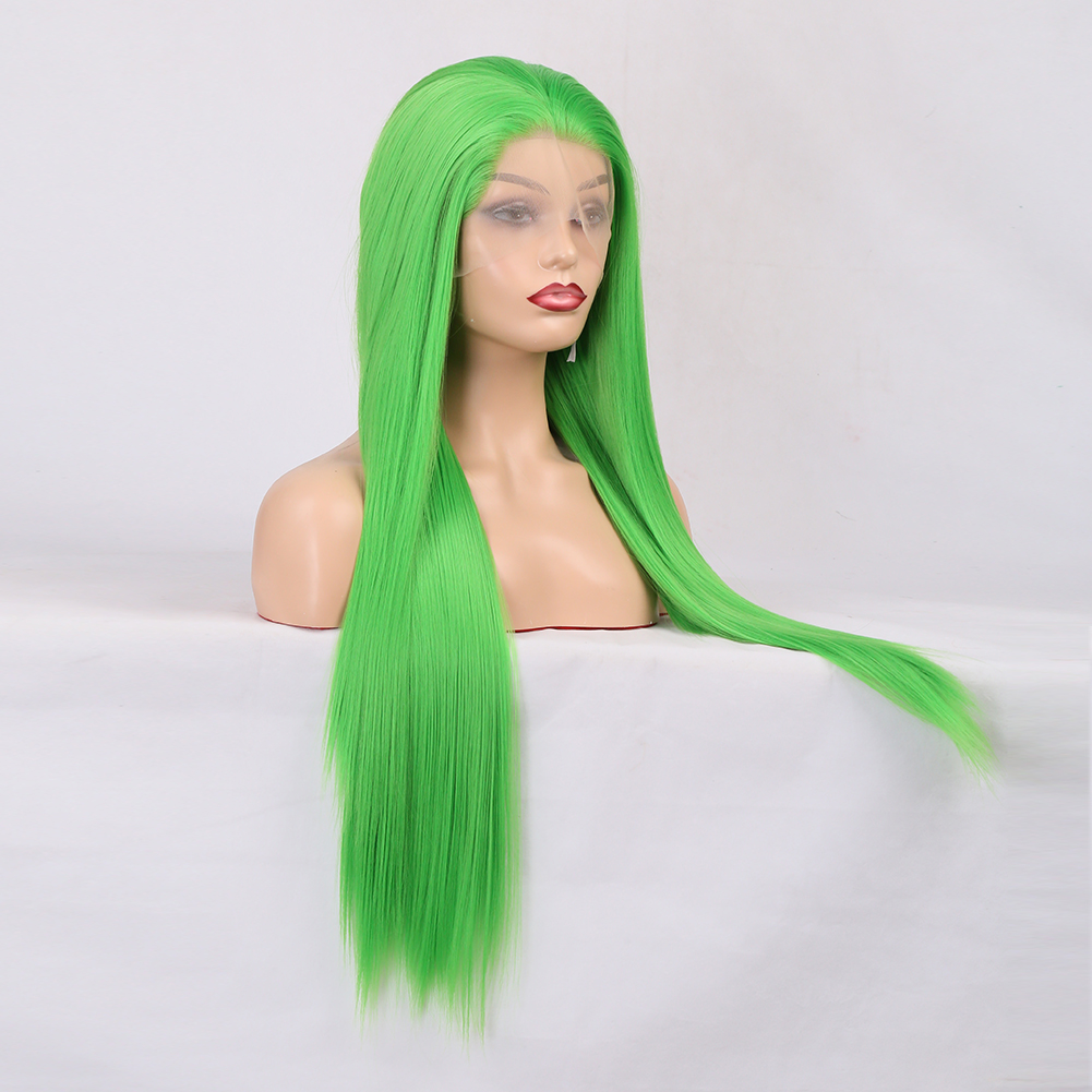 Long green wig sweeping across mannequin shoulder