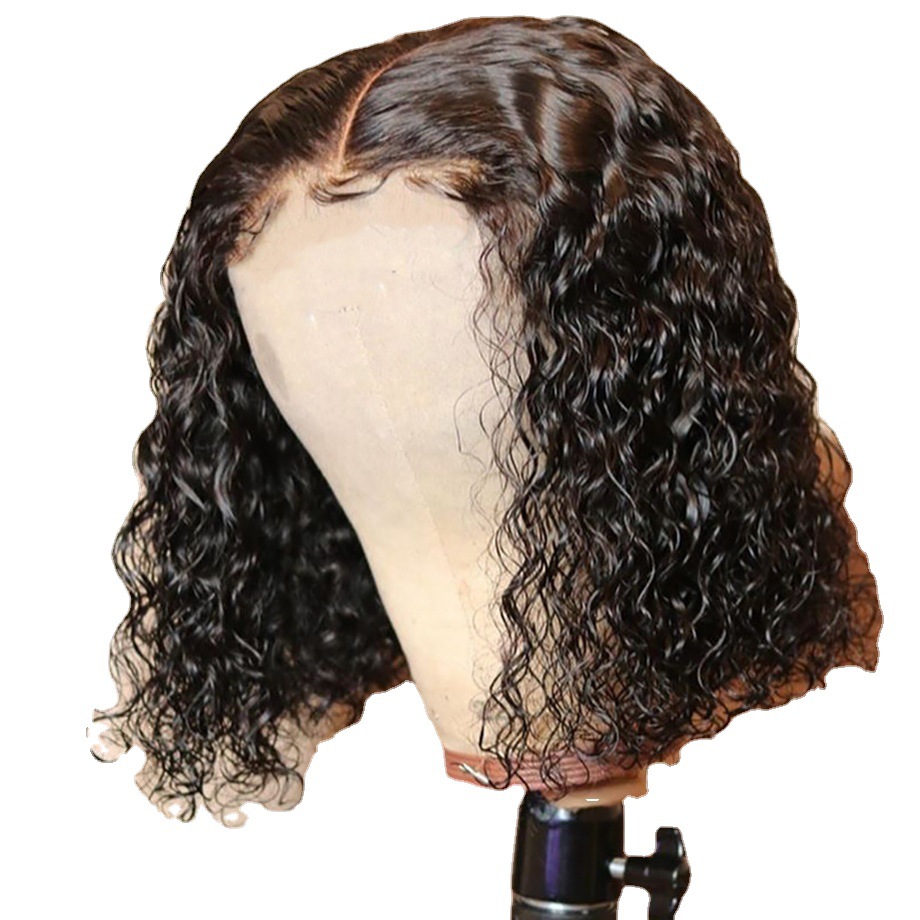 Short wig showing natural side part and hairline