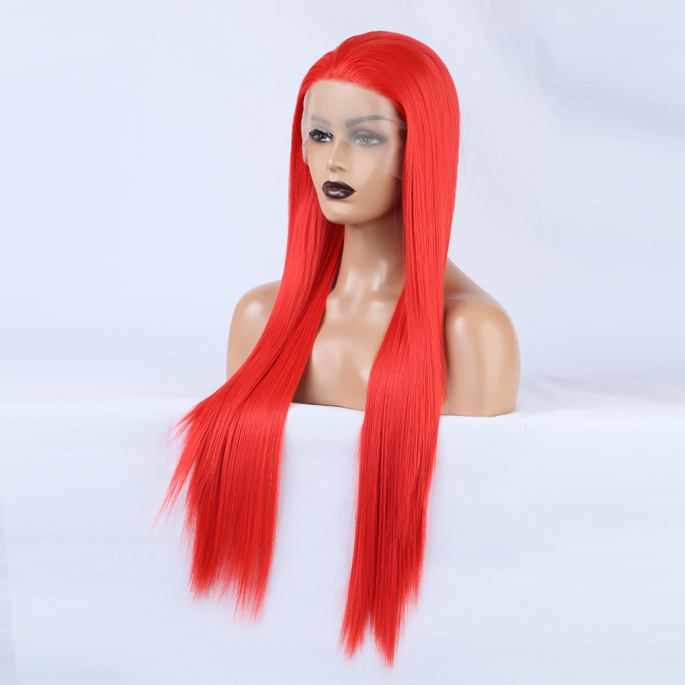Side view of vivid red wig with full length strands