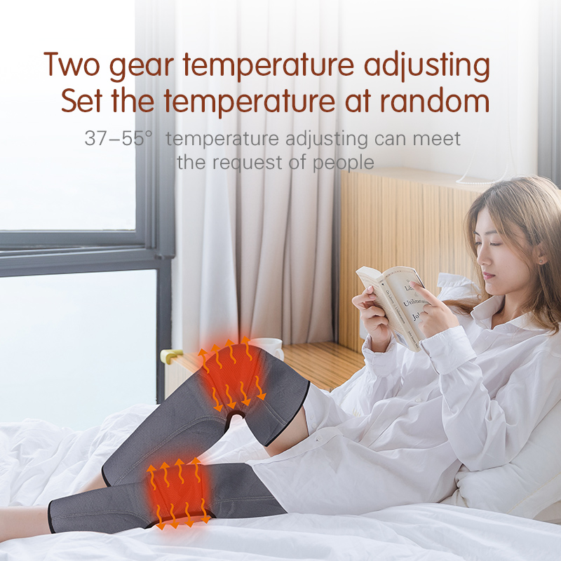 Woman in bed using leg massager with heat visualization showing orange thermal zones on thighs and calves, controller in hand