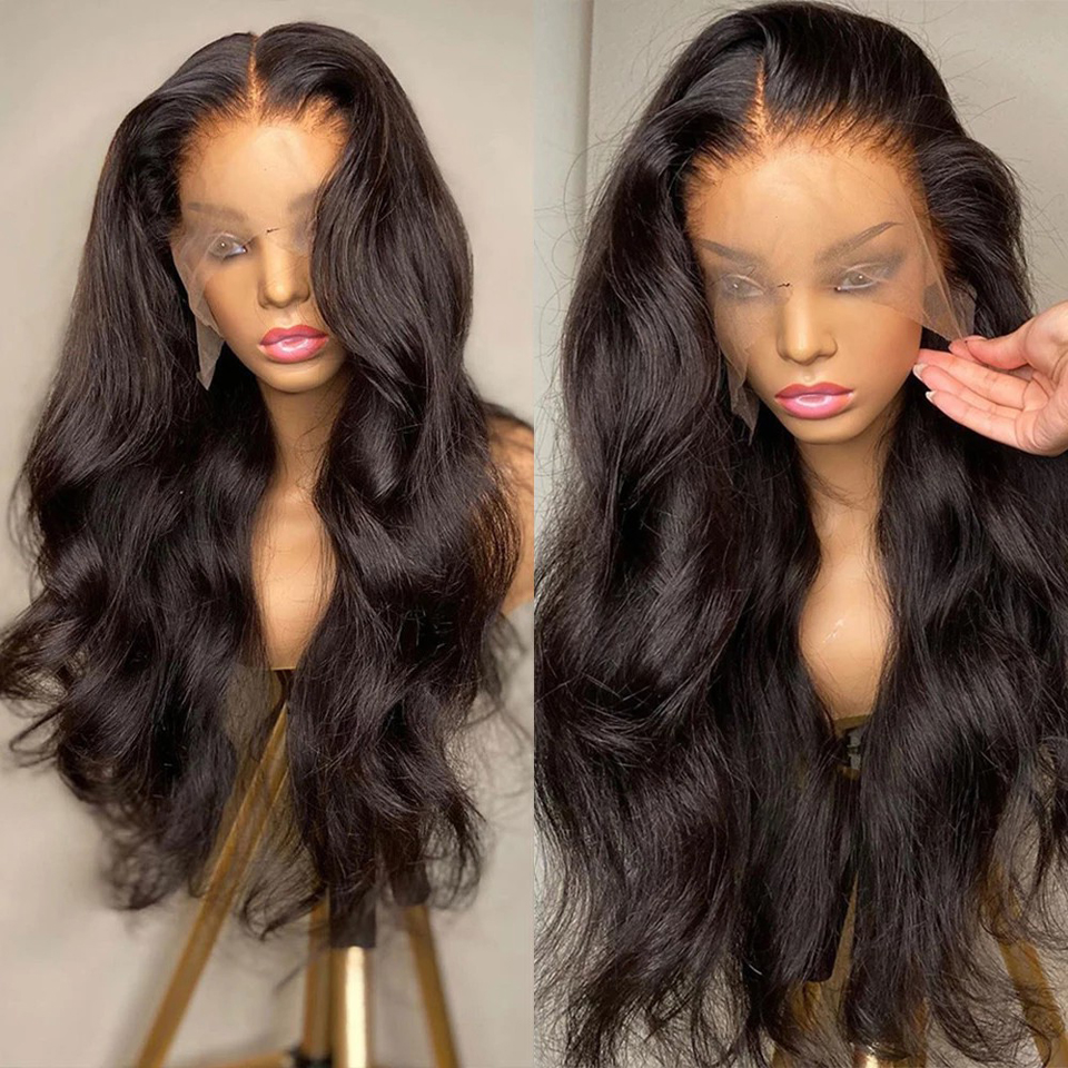 Model lifting sheer lace near realistic wig hairline