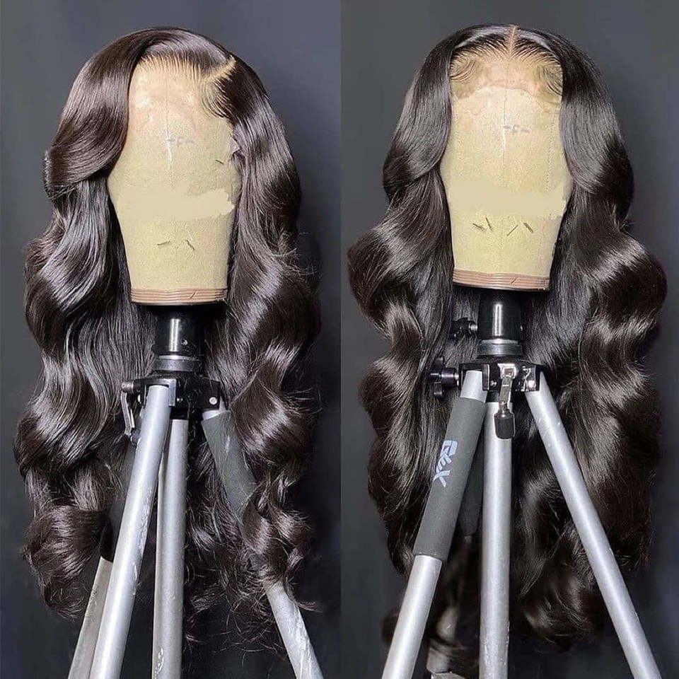 Long black wig showing full wave pattern