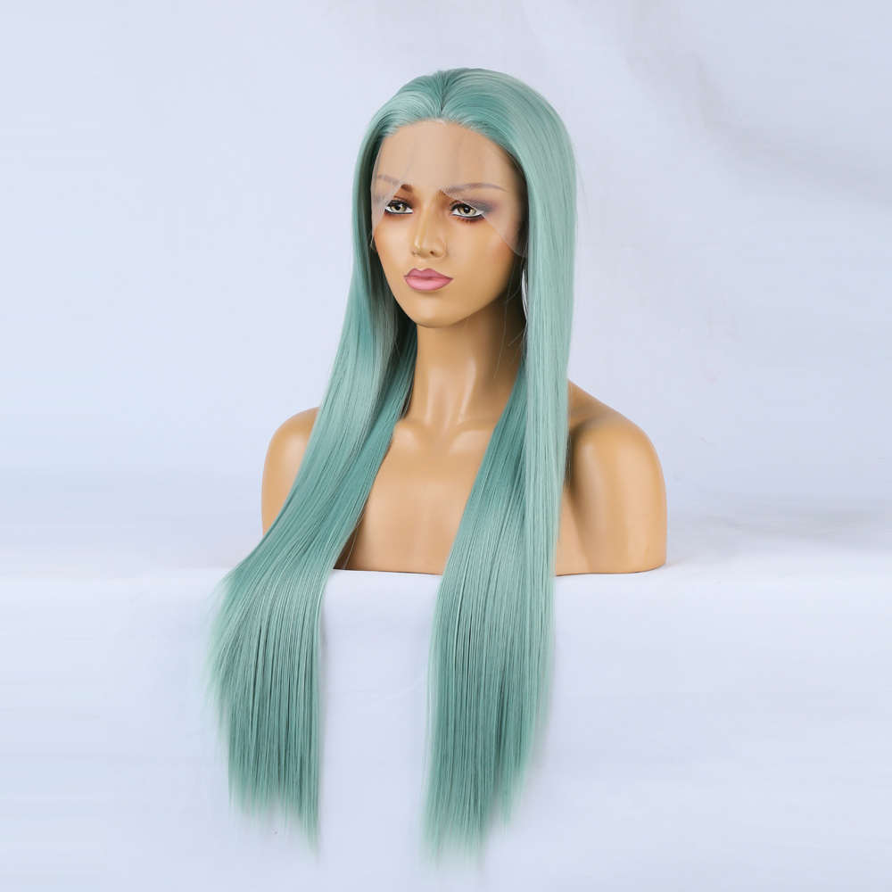 Angled view showing long mint hair over both shoulders