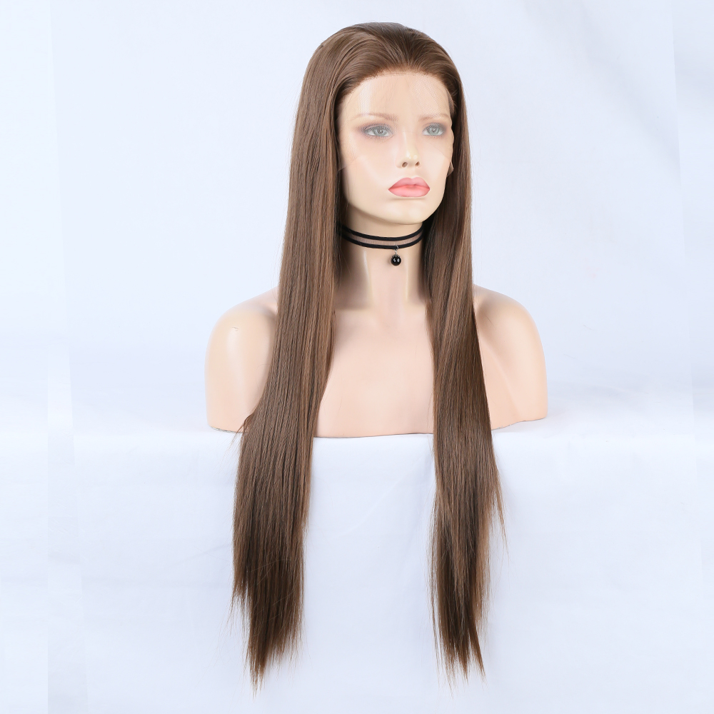 Smooth straight brown synthetic fibers on mannequin