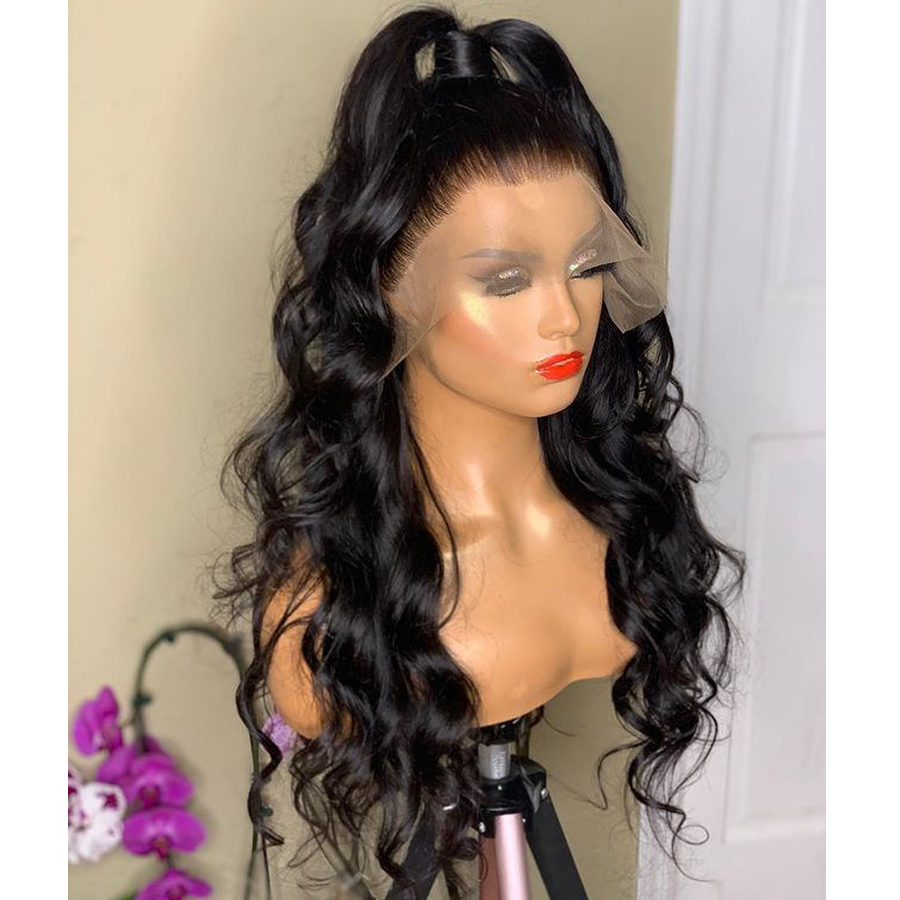 Close angled view showing sheer lace-front hairline