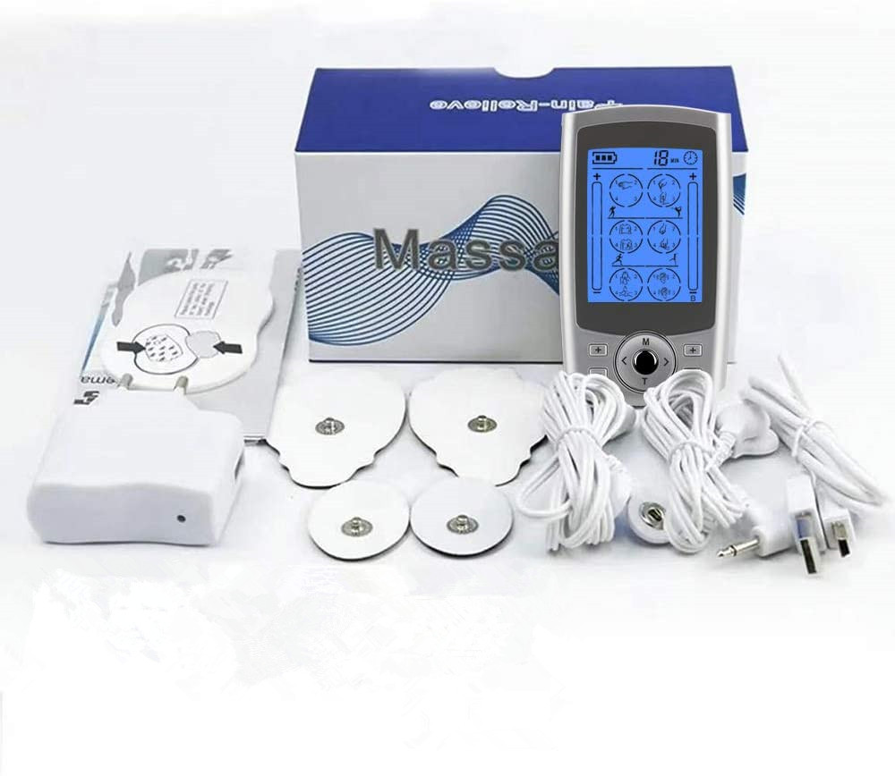 Complete unboxed system showing navy and white branded box, control unit, power adapter, multiple electrode pads, and instruction materials