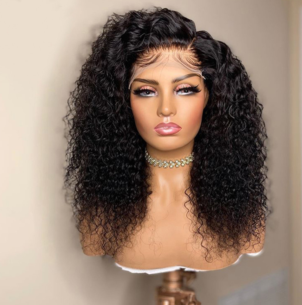 Detailed view of black curls and front lace hairline