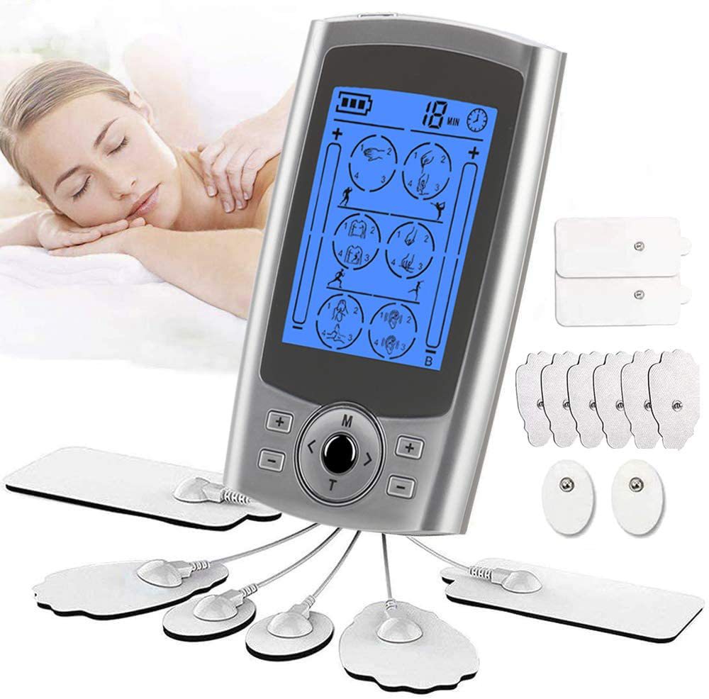 Silver variant control unit with digital display showing 18-minute timer, surrounded by multiple electrode pad sizes and configurations